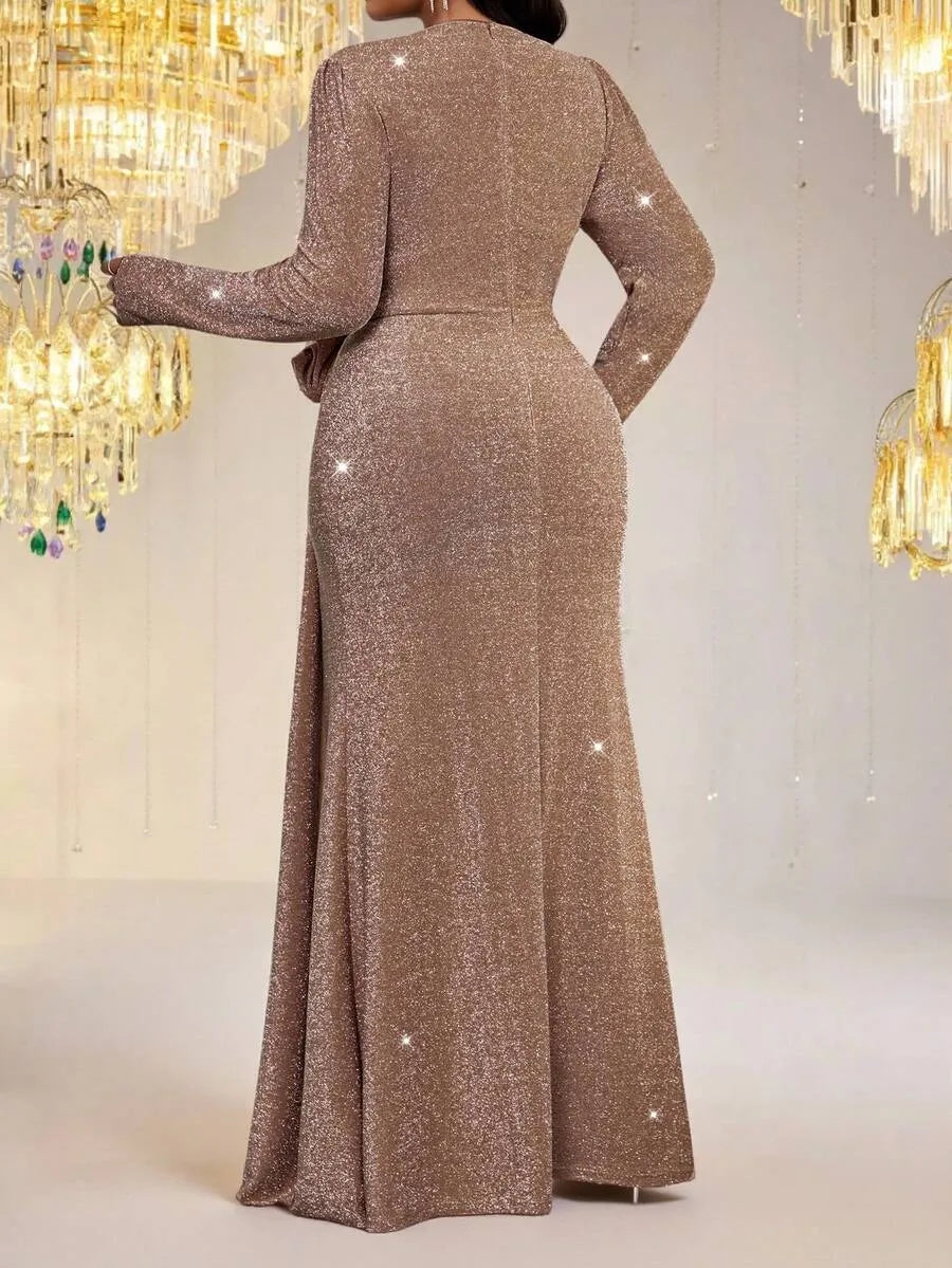 SHEIN Fleurora فستان ماكسي ملفوف بياقة وفتحة عالية للفخذ بلون شامباني