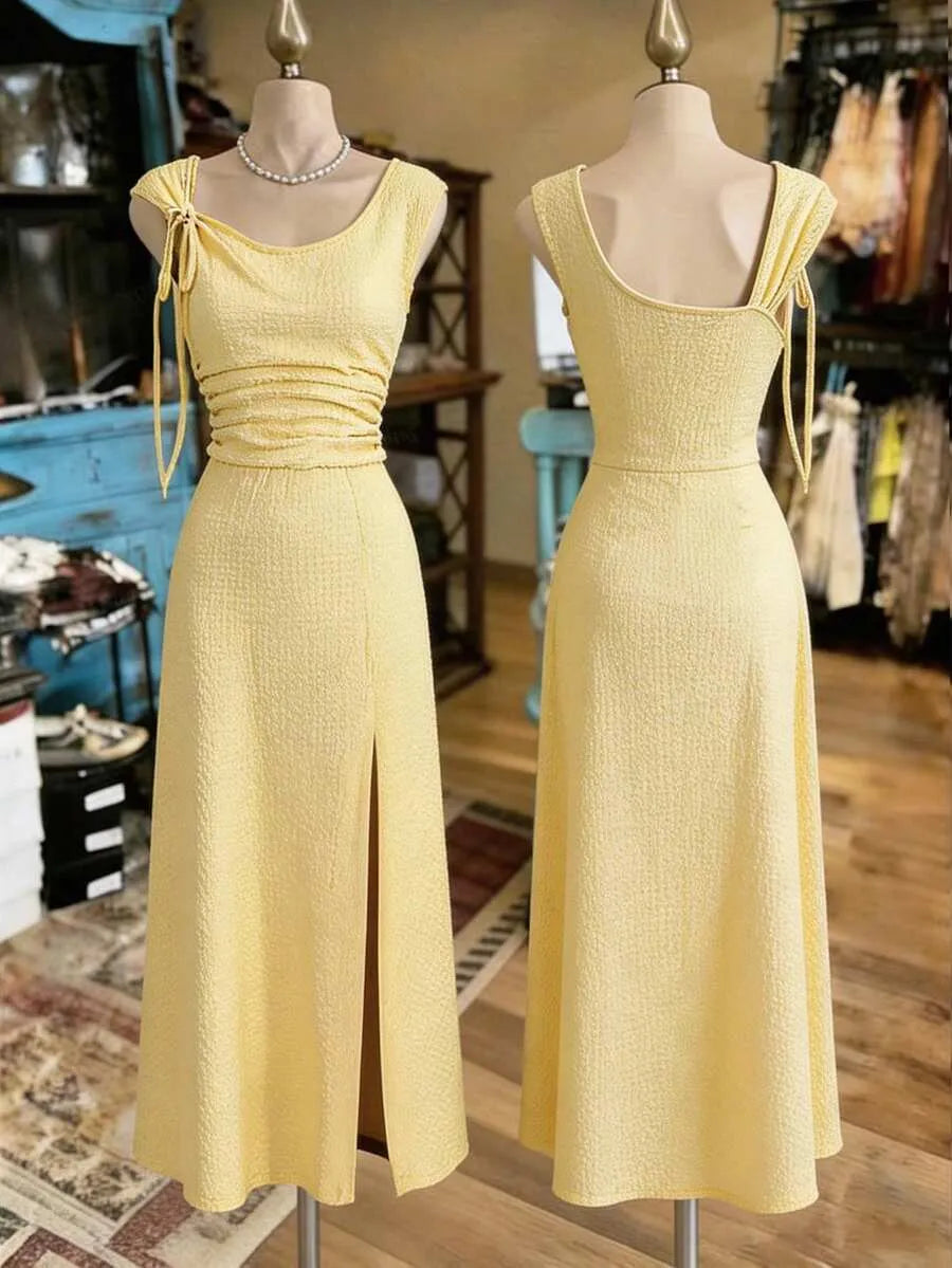 SHEIN LUNE فستان أصفر ماكسي بكتف غير متماثل وكشكشة وفتحة جانبية