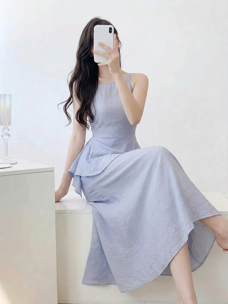 SHEIN Feyla A-Line فستان ماكسي أزرق فاتح بتصميم غير متماثل وطبقات