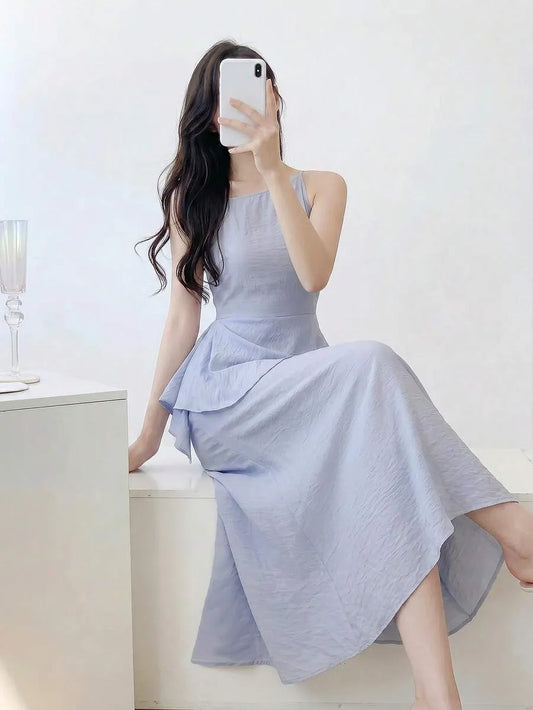 SHEIN Feyla A-Line فستان ماكسي أزرق فاتح بتصميم غير متماثل وطبقات