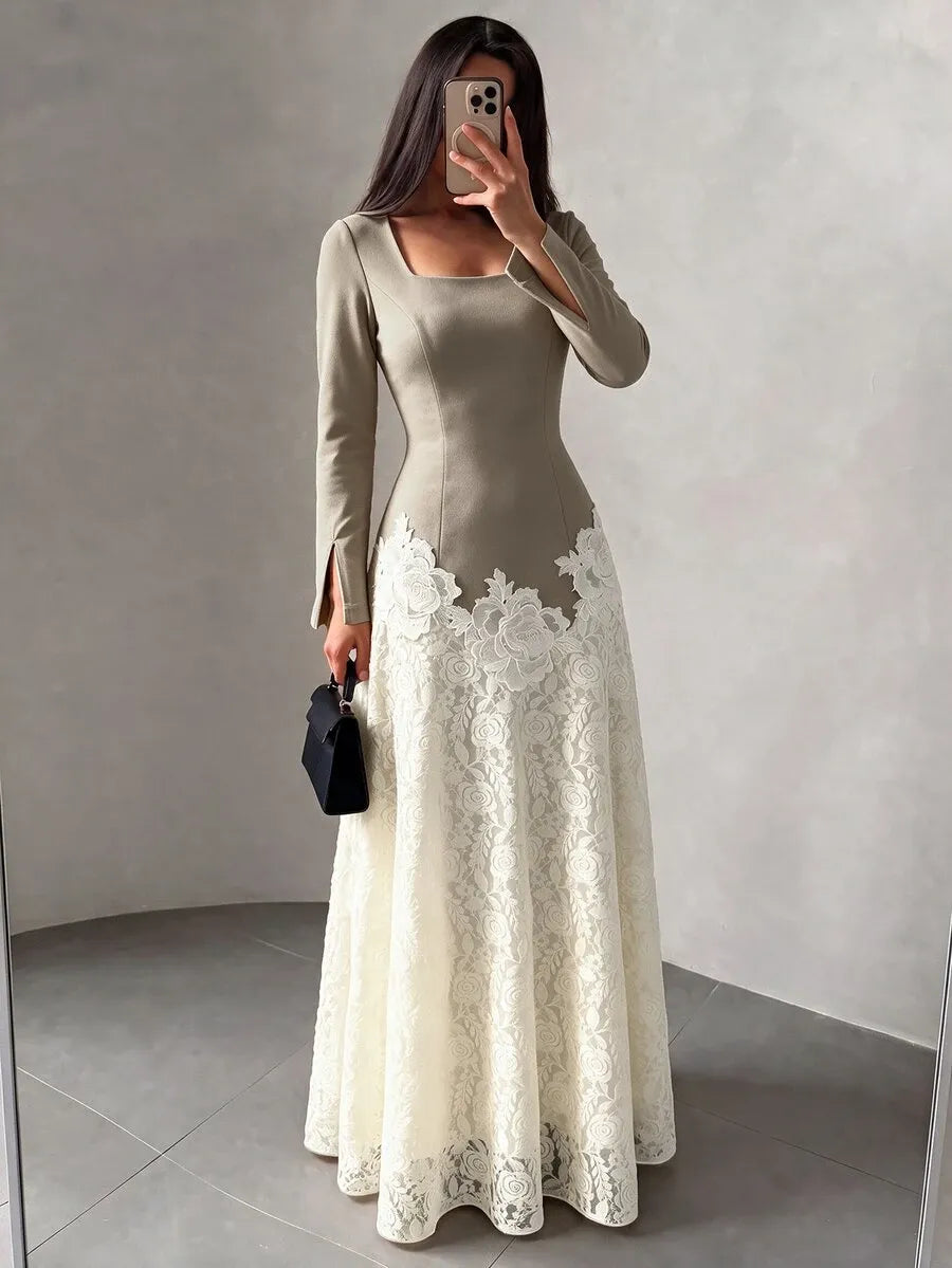 SHEIN NOVVYNE فستان طويل بياقة مربعة وأكمام طويلة وخصر مرتفع ودانتيل زهور بلون رمادي