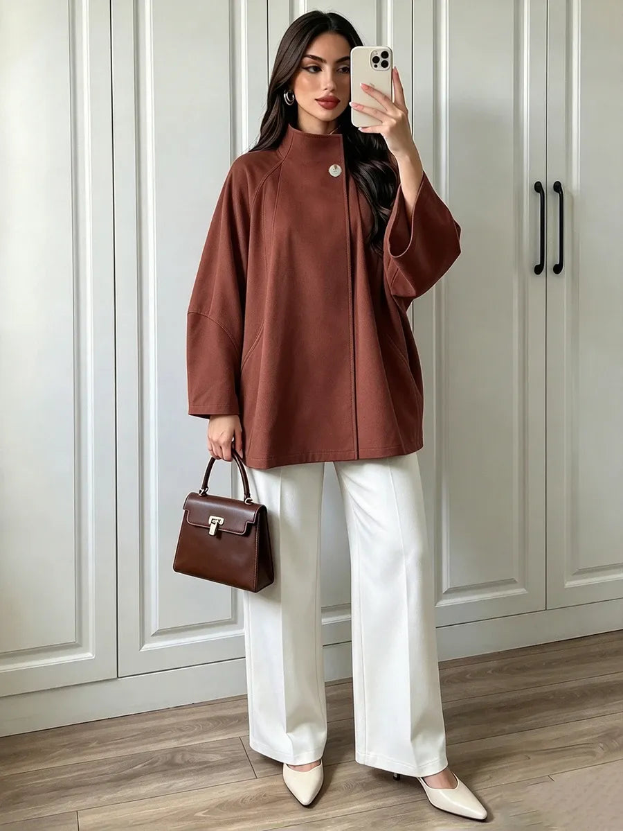 SHEIN Selianne معطف ترنش فضفاض بياقة كبيرة وقصة غير متماثلة بلون بني قهوة