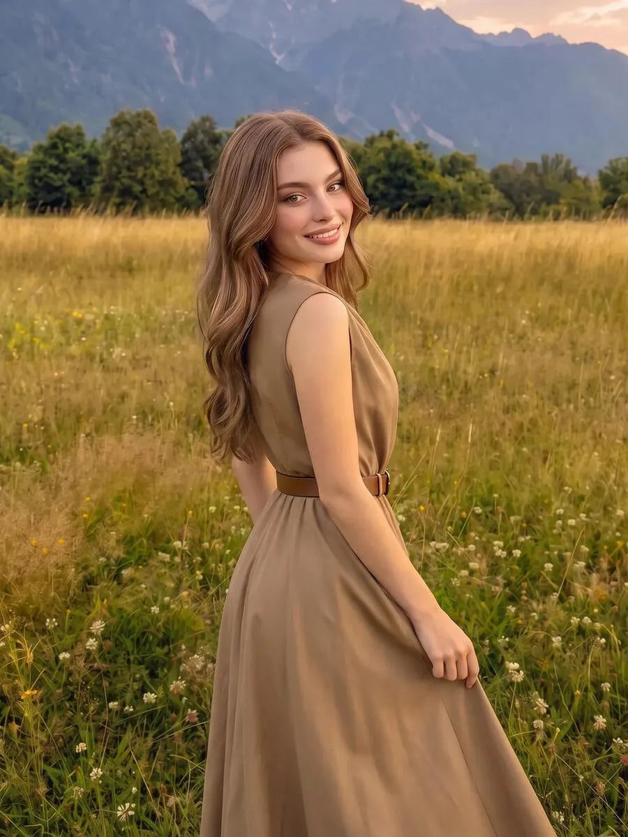 SHEIN MOD فستان نسائي بدون أكمام مع حزام بلون كاكي