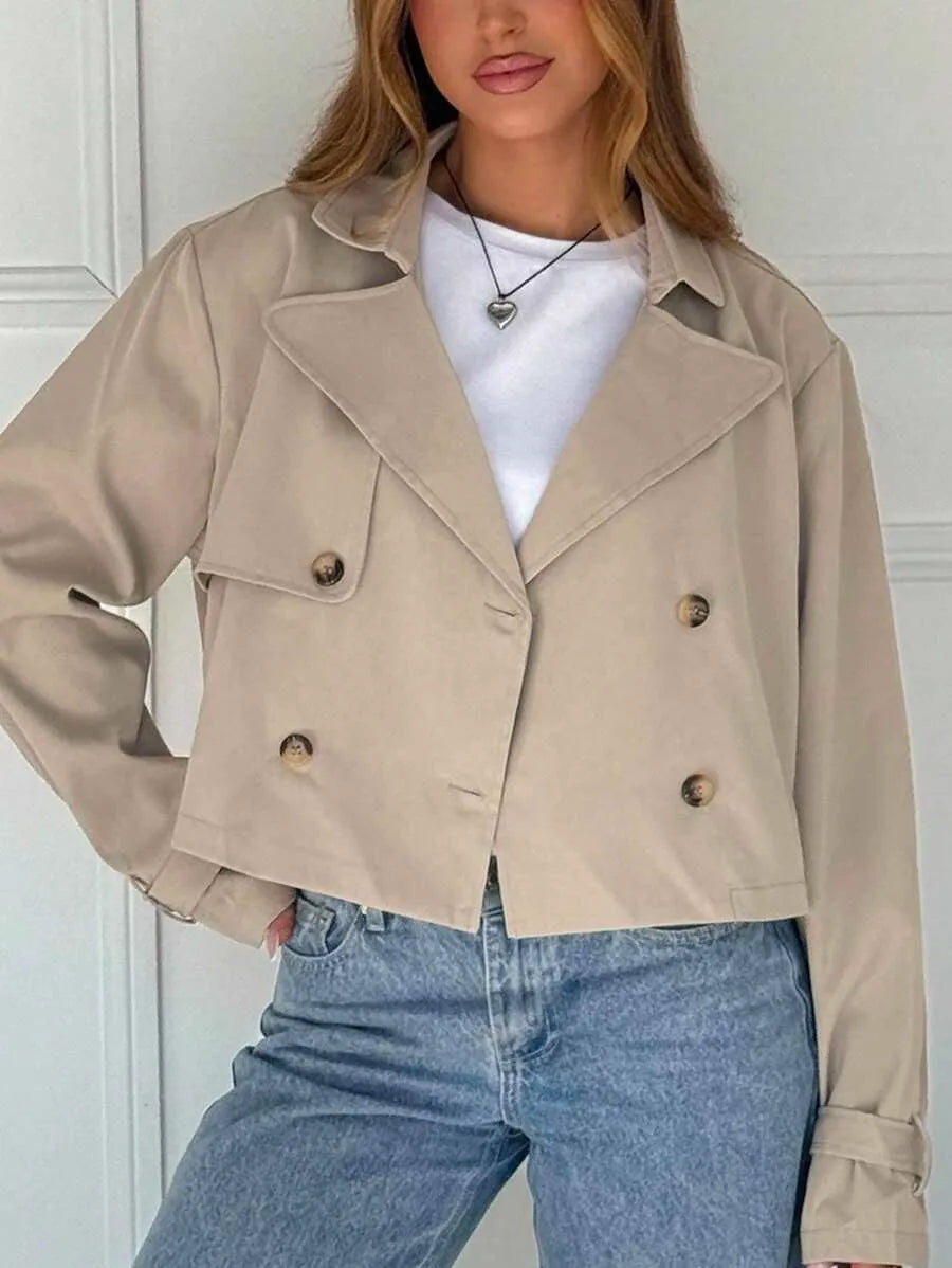 SHEIN EZwear جاكيت نسائي قصير مزدوج الأزرار كاكي