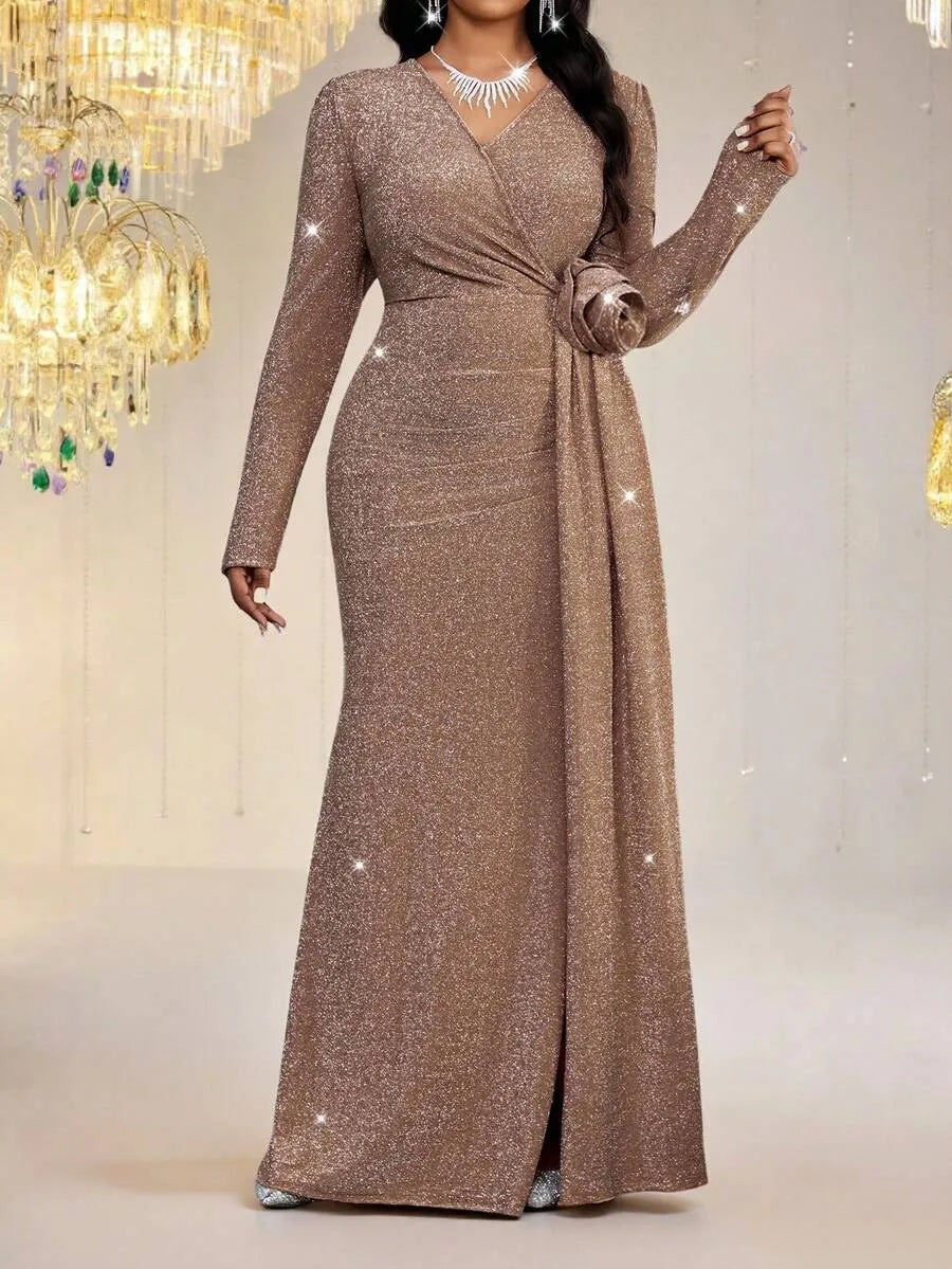 SHEIN Fleurora فستان ماكسي ملفوف بياقة وفتحة عالية للفخذ بلون شامباني