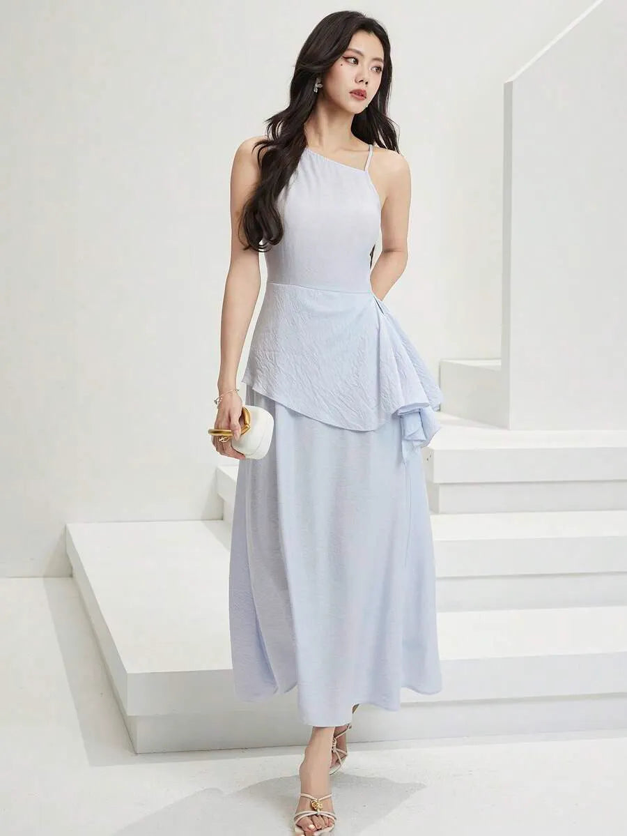 SHEIN Feyla A-Line فستان ماكسي أزرق فاتح بتصميم غير متماثل وطبقات