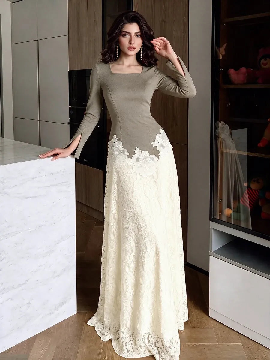 SHEIN NOVVYNE فستان طويل بياقة مربعة وأكمام طويلة وخصر مرتفع ودانتيل زهور بلون رمادي