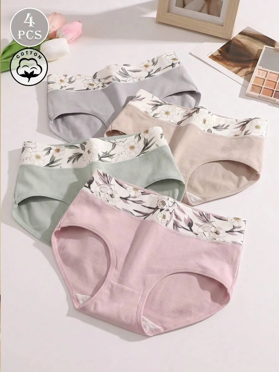 SHEIN سراويل داخلية نسائية من 4 قطع بخصر عالٍ وطبعات مزخرفة متعدد الألوان