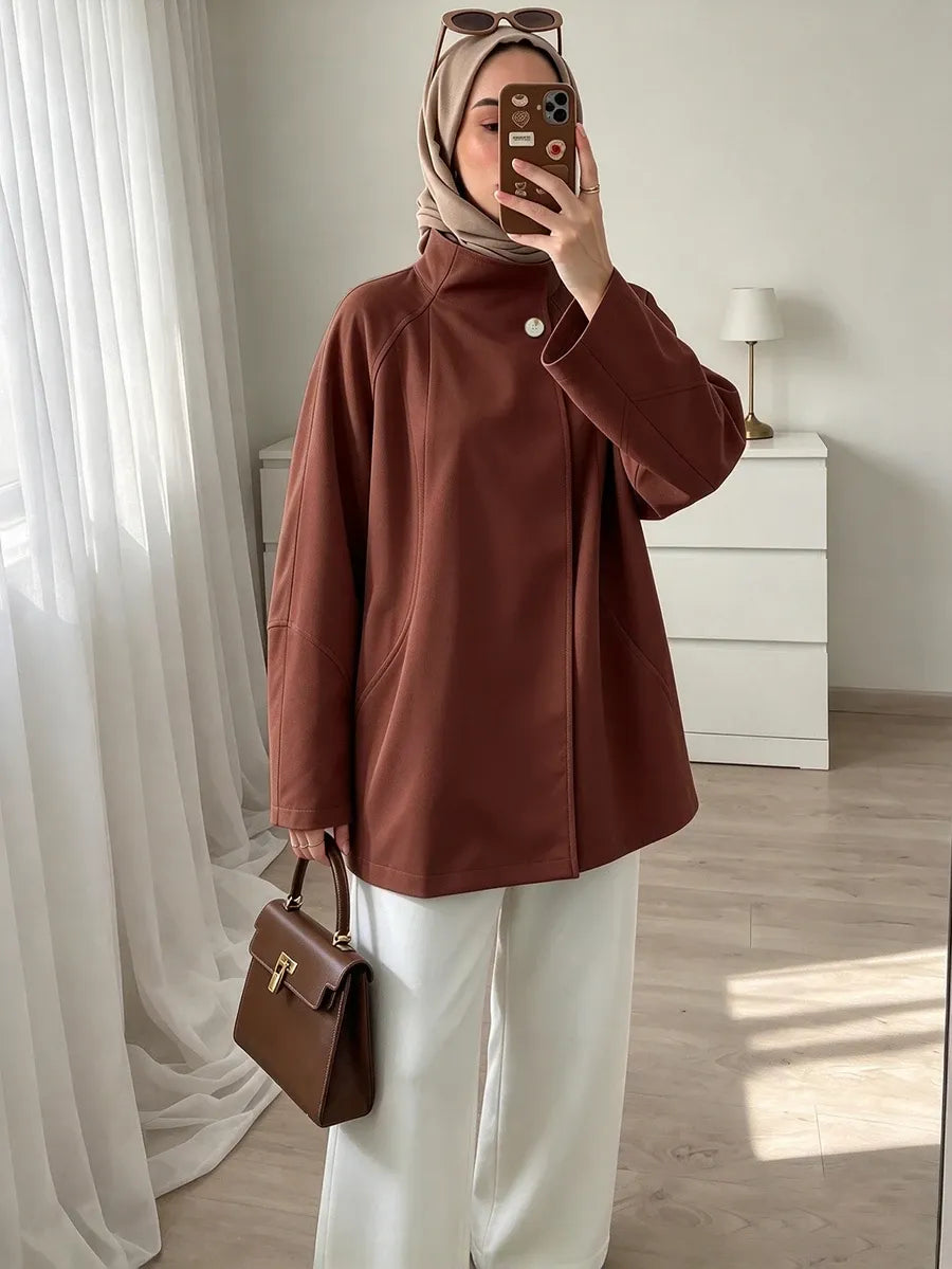 SHEIN Selianne معطف ترنش فضفاض بياقة كبيرة وقصة غير متماثلة بلون بني قهوة