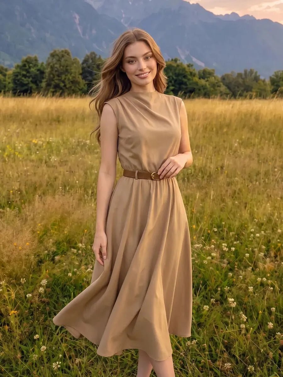 SHEIN MOD فستان نسائي بدون أكمام مع حزام بلون كاكي
