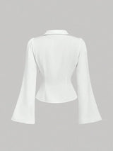 SHEIN MOD بلوزة نسائية بياقة وأكمام طويلة واسعة مكشكشة وأزرار أمامية بلون أبيض