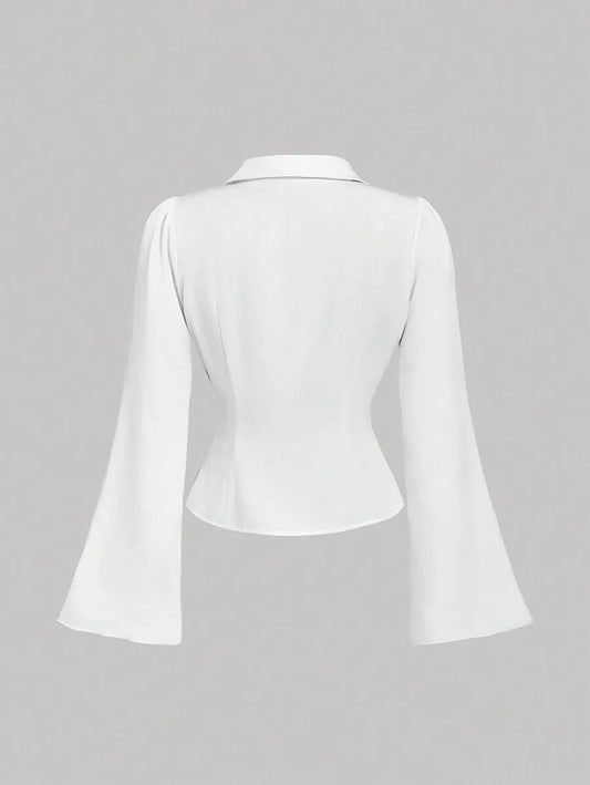 SHEIN MOD بلوزة نسائية بياقة وأكمام طويلة واسعة مكشكشة وأزرار أمامية بلون أبيض