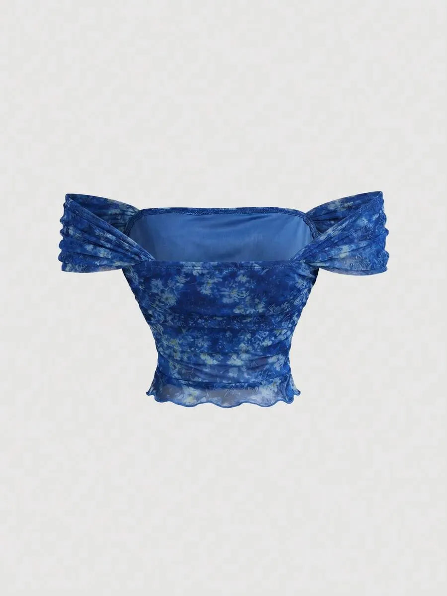 SHEIN MOD طقم نسائي من قطعتين توب مكشوف الكتف وتنورة بذيل سمكة بطبعة نباتية بلون أزرق