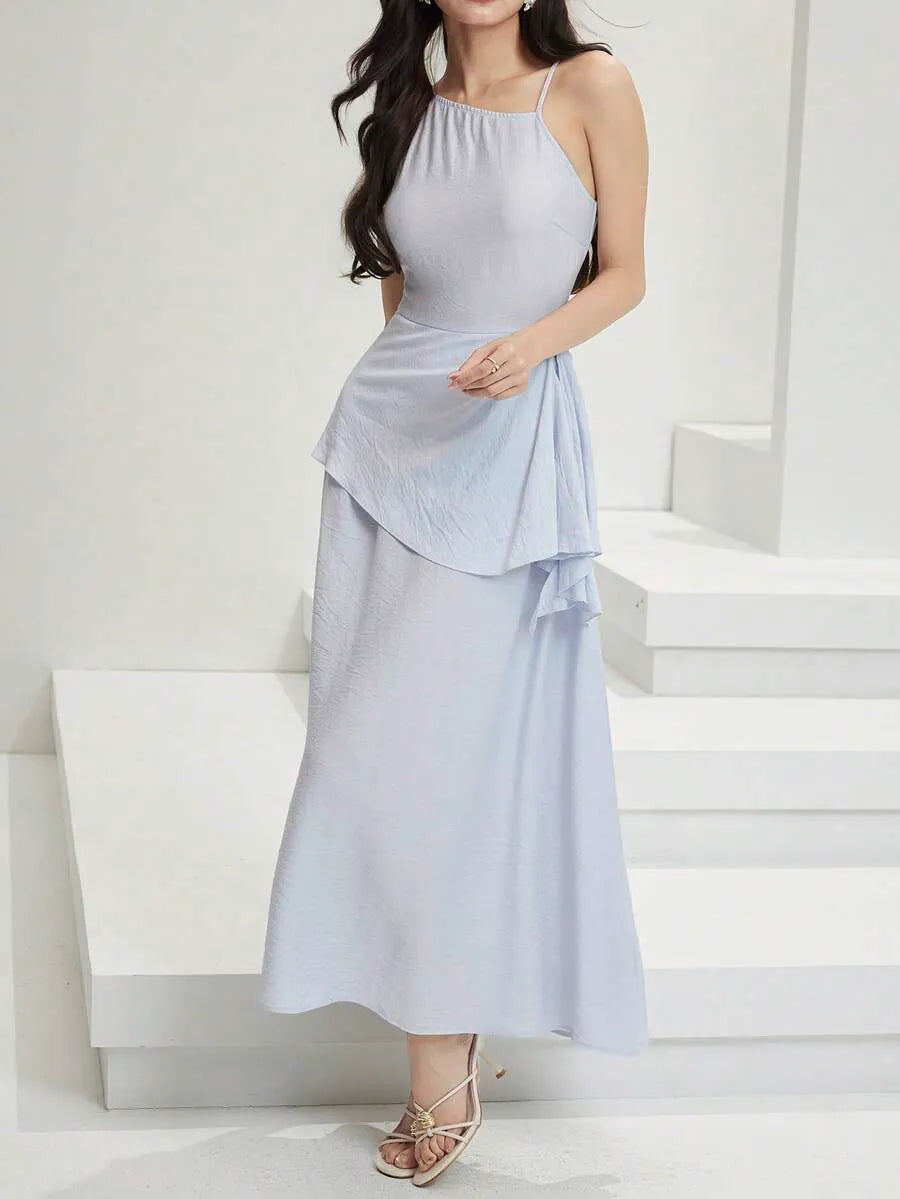 SHEIN Feyla A-Line فستان ماكسي أزرق فاتح بتصميم غير متماثل وطبقات