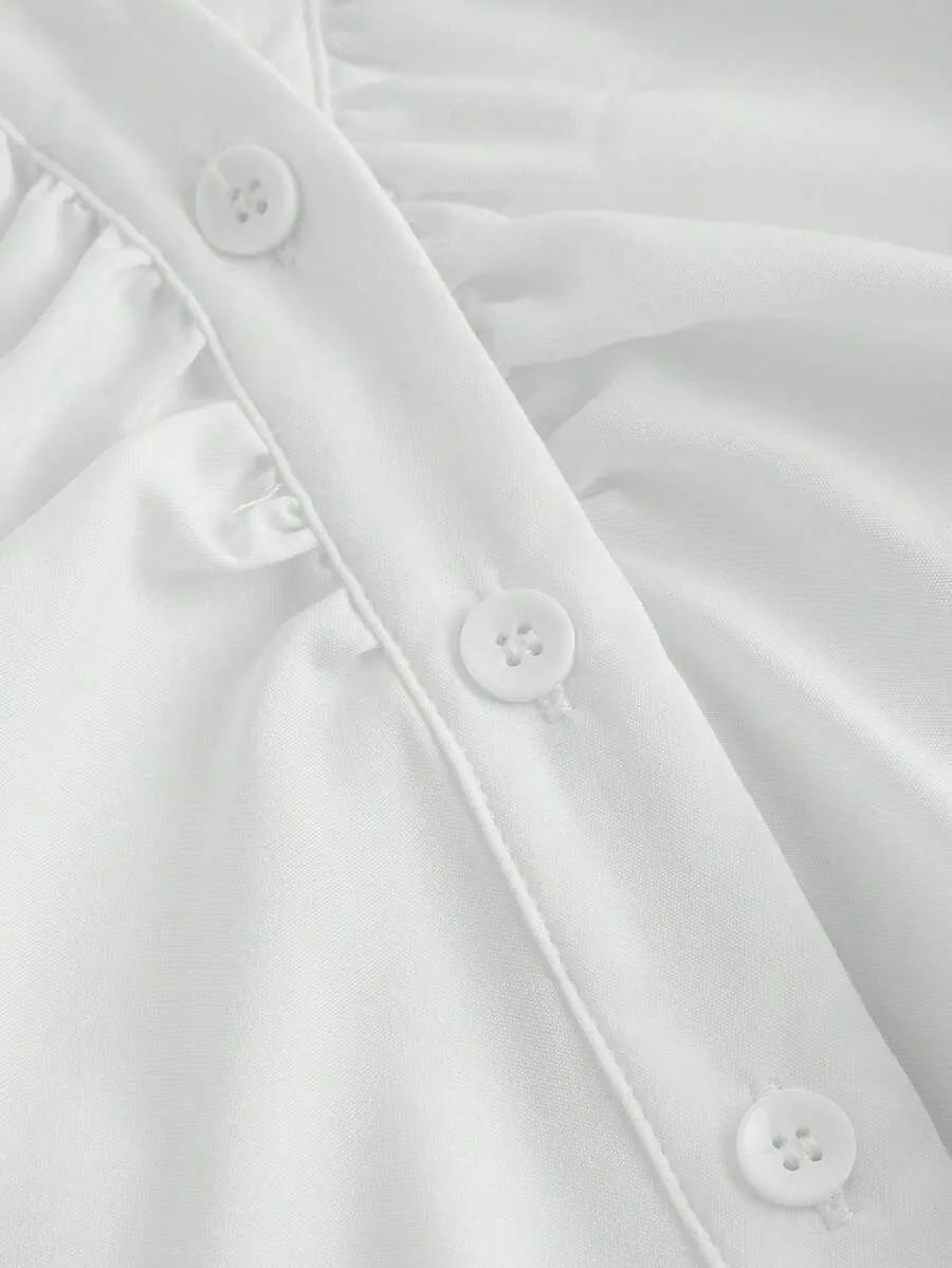 SHEIN MOD بلوزة نسائية بياقة وأكمام طويلة واسعة مكشكشة وأزرار أمامية بلون أبيض