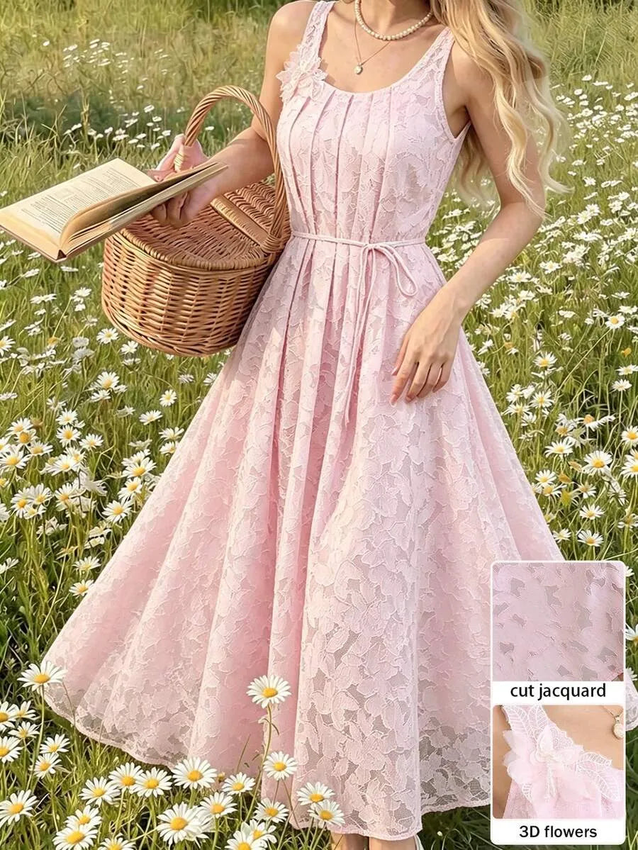 SHEIN Modelyn Fleurora فستان وردي بدون أكمام بتطريز راينستون وفتحات