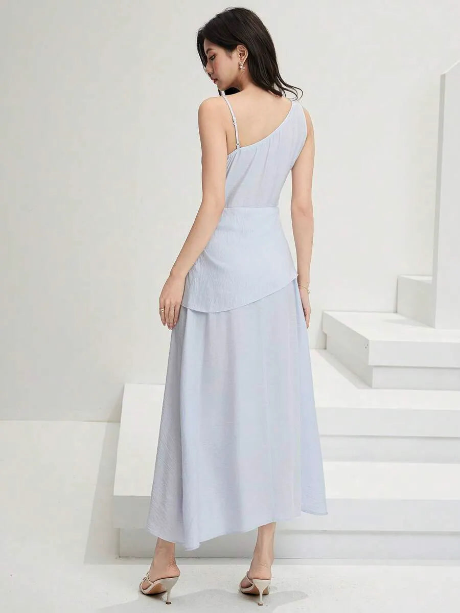 SHEIN Feyla A-Line فستان ماكسي أزرق فاتح بتصميم غير متماثل وطبقات