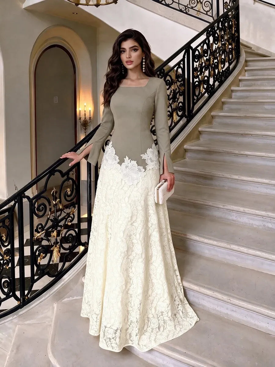 SHEIN NOVVYNE فستان طويل بياقة مربعة وأكمام طويلة وخصر مرتفع ودانتيل زهور بلون رمادي