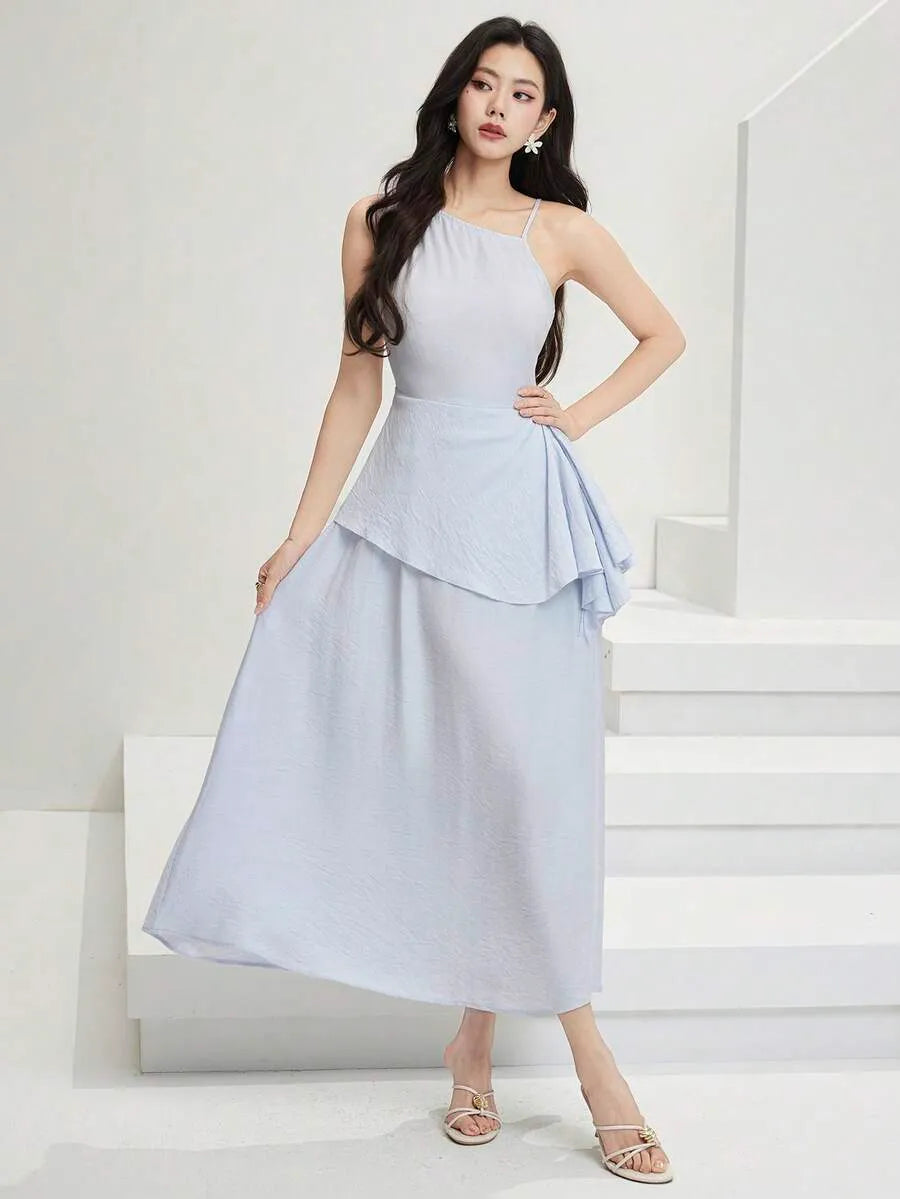 SHEIN Feyla A-Line فستان ماكسي أزرق فاتح بتصميم غير متماثل وطبقات