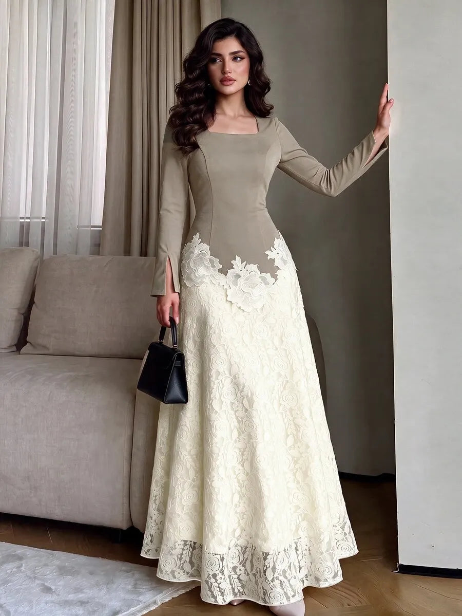 SHEIN NOVVYNE فستان طويل بياقة مربعة وأكمام طويلة وخصر مرتفع ودانتيل زهور بلون رمادي