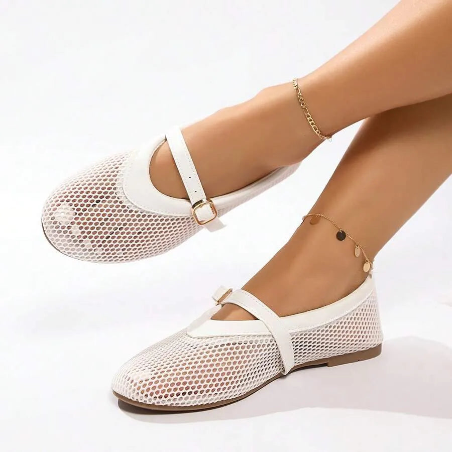 SHEIN أحذية باليه نسائية شبكية مسطحة بحزام وإبزيم خفيفة ومريحة