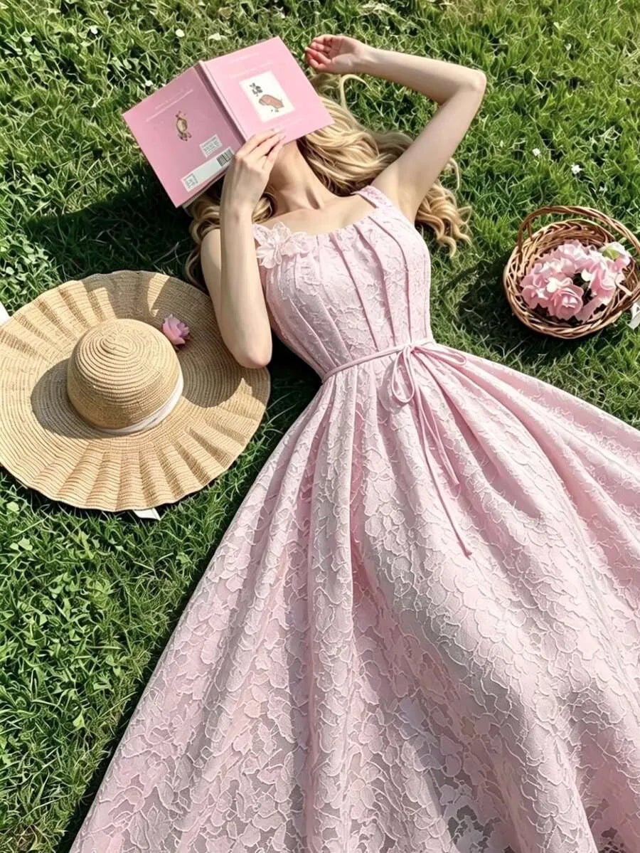 SHEIN Modelyn Fleurora فستان وردي بدون أكمام بتطريز راينستون وفتحات