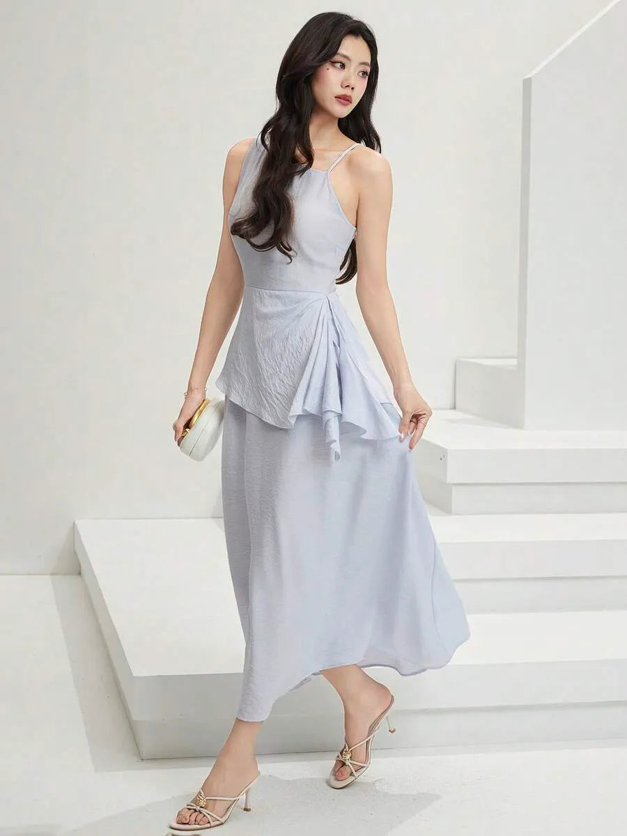 SHEIN Feyla A-Line فستان ماكسي أزرق فاتح بتصميم غير متماثل وطبقات