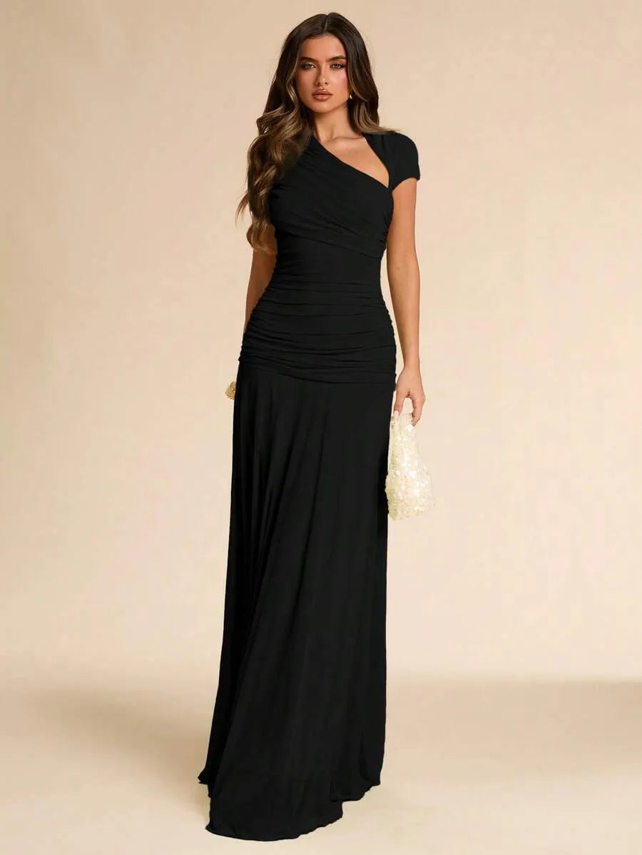 SHEIN BAE فستان صيفي غير متماثل مطوي ضيق بلون أسود