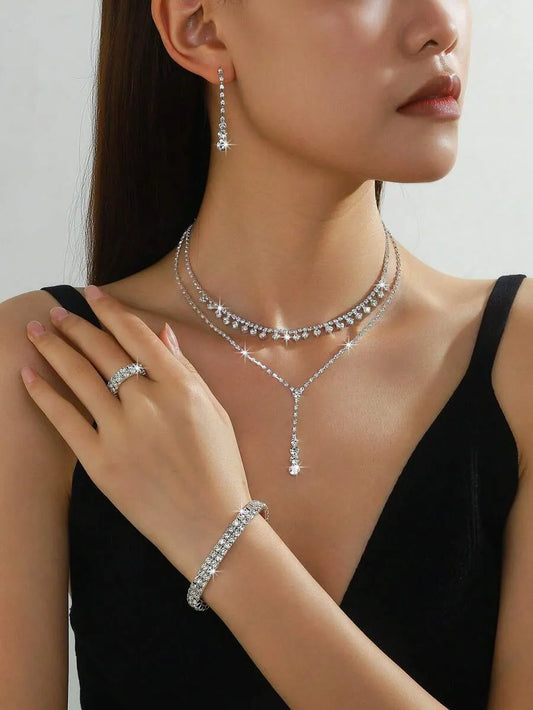 SHEIN طقم مجوهرات كريستال قلادة وسوار وأقراط وخاتم 5 قطع