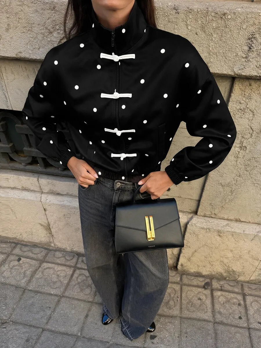 SHEIN Aloruh جاكيت نسائي فضفاض بطابع صيني وطباعة نقاط