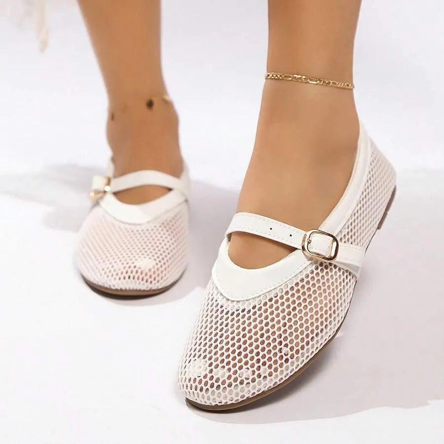 SHEIN أحذية باليه نسائية شبكية مسطحة بحزام وإبزيم خفيفة ومريحة