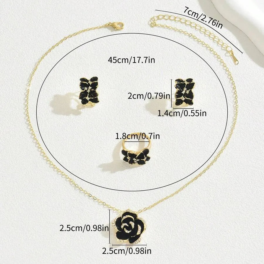 SHEIN طقم مجوهرات نسائي 4 قطع خاتم وأقراط وقلادة بتصميم زهور وفيونكة وأوراق متعدد الألوان