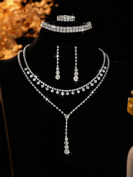 SHEIN طقم مجوهرات كريستال قلادة وسوار وأقراط وخاتم 5 قطع