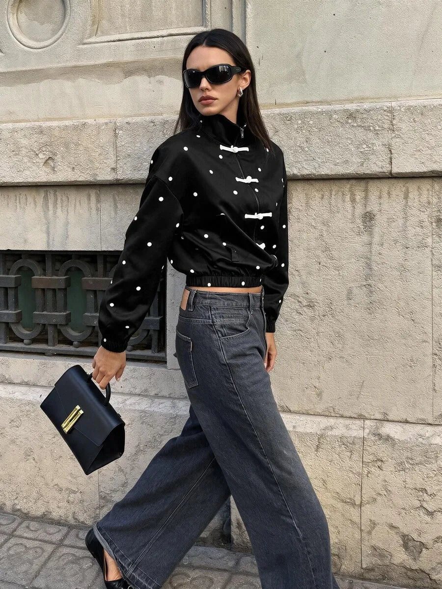 SHEIN Aloruh جاكيت نسائي فضفاض بطابع صيني وطباعة نقاط