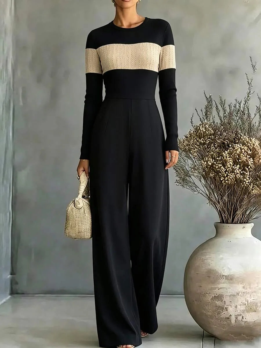 SHEIN جمبسوت نسائي بياقة دائرية وأكمام طويلة وساق واسعة بتصميم متباين بلون الأسود