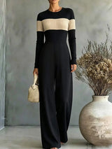 SHEIN جمبسوت نسائي بياقة دائرية وأكمام طويلة وساق واسعة بتصميم متباين بلون الأسود