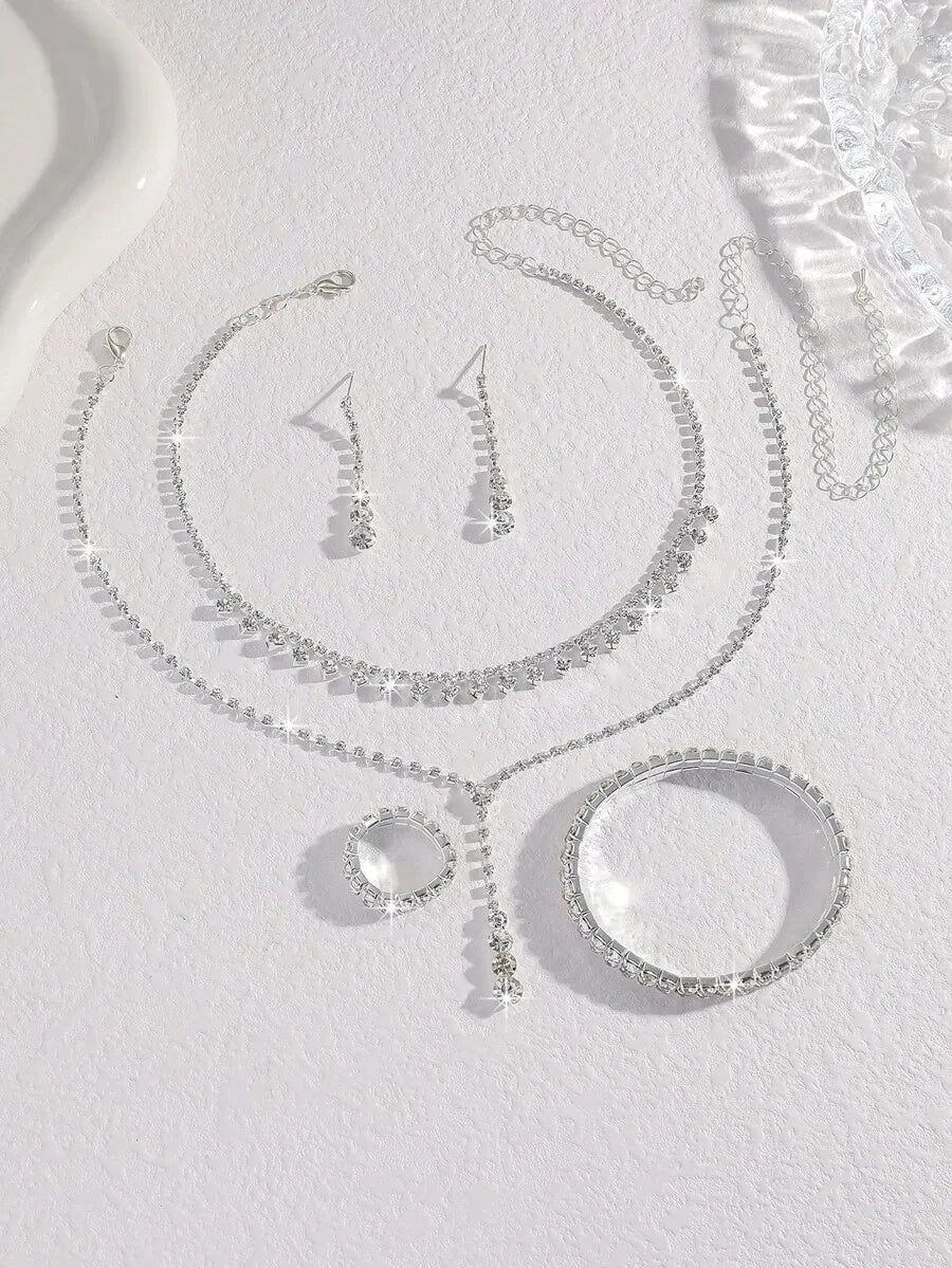 SHEIN طقم مجوهرات كريستال قلادة وسوار وأقراط وخاتم 5 قطع