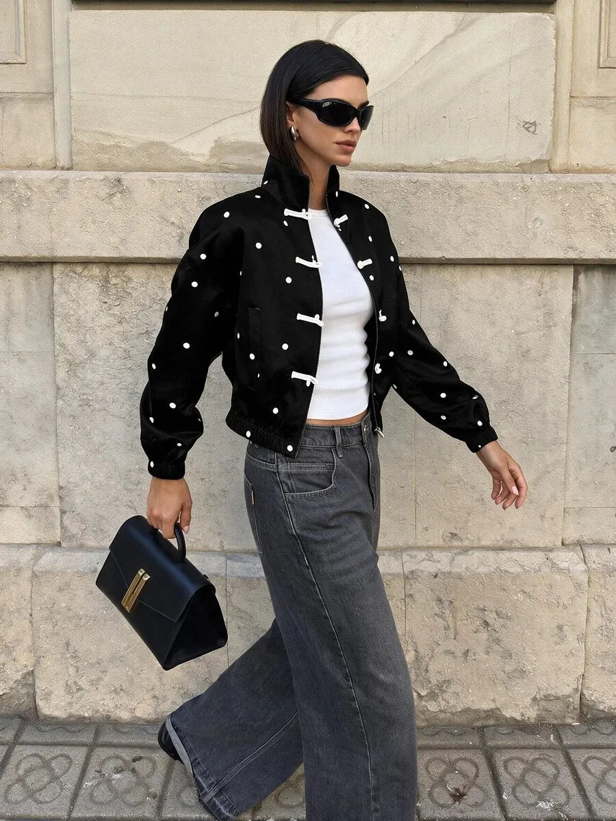 SHEIN Aloruh جاكيت نسائي فضفاض بطابع صيني وطباعة نقاط