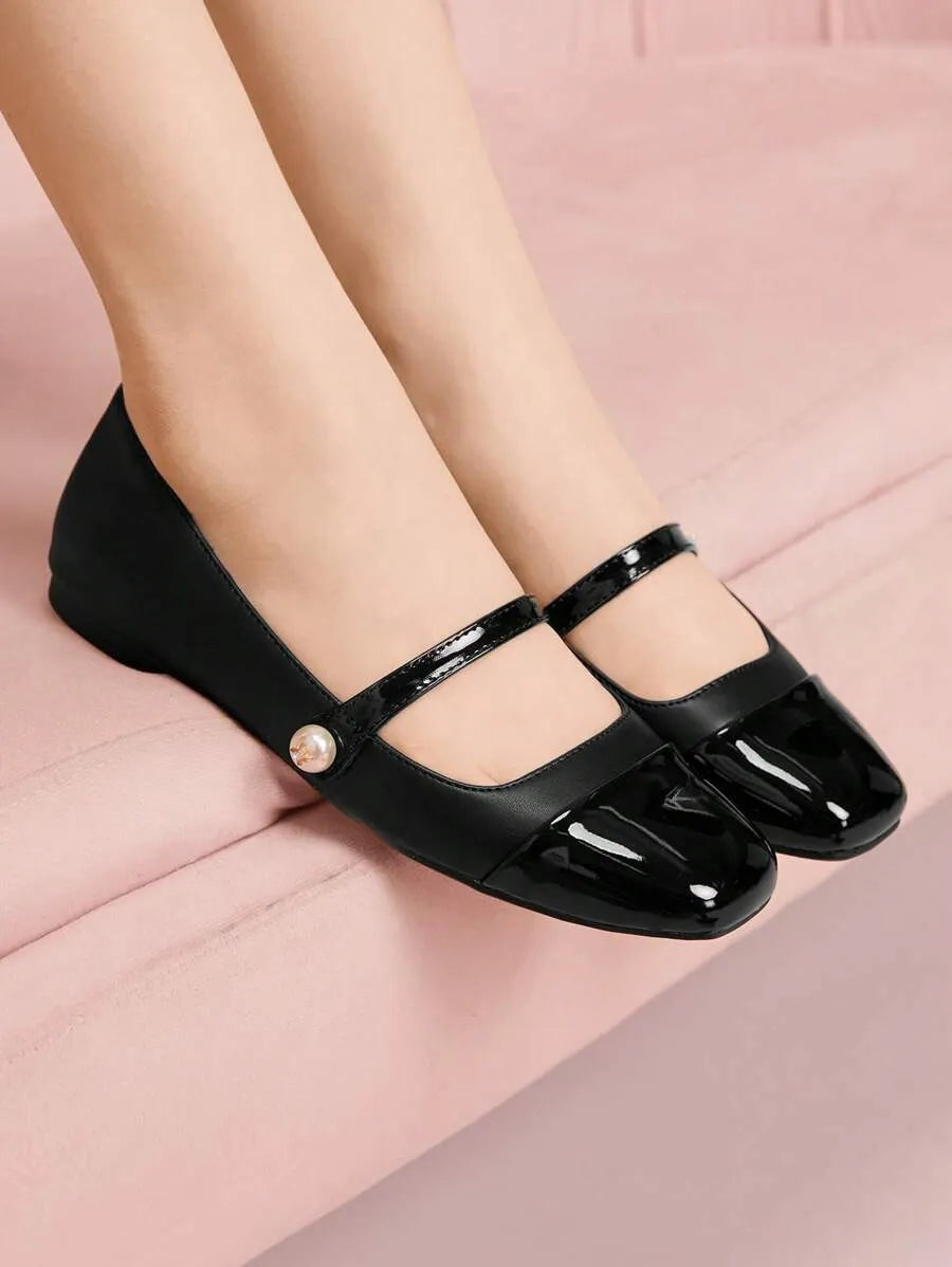 SHEIN CUCCOO DOLLMOD أحذية باليه نسائية سوداء مزينة بالخرز
