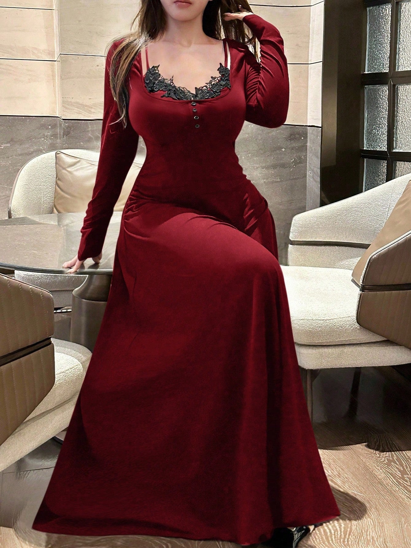 SHEIN Vibekara فستان A لاين بأكمام طويلة وياقة V مقاسات كبيرة