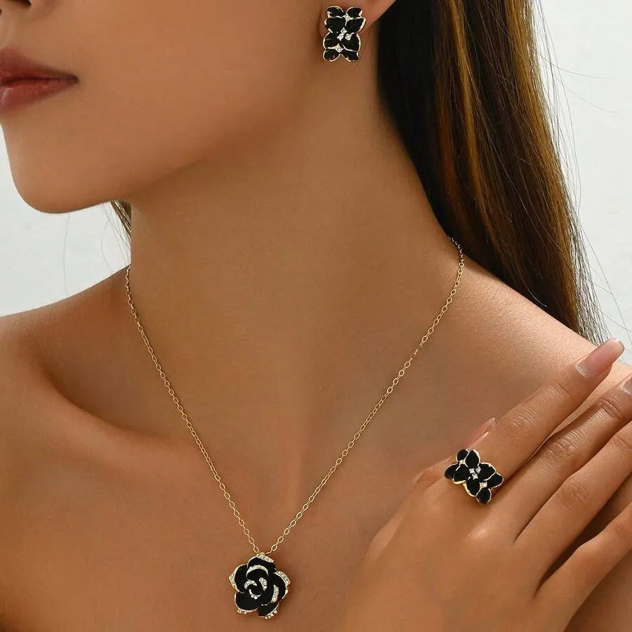 SHEIN طقم مجوهرات نسائي 4 قطع خاتم وأقراط وقلادة بتصميم زهور وفيونكة وأوراق متعدد الألوان