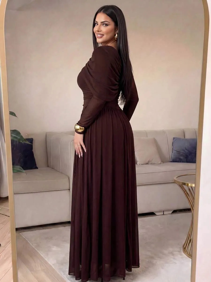 SHEIN Auveirra فستان نسائي من الشبك بتصميم غير متماثل بلون بني قهوة