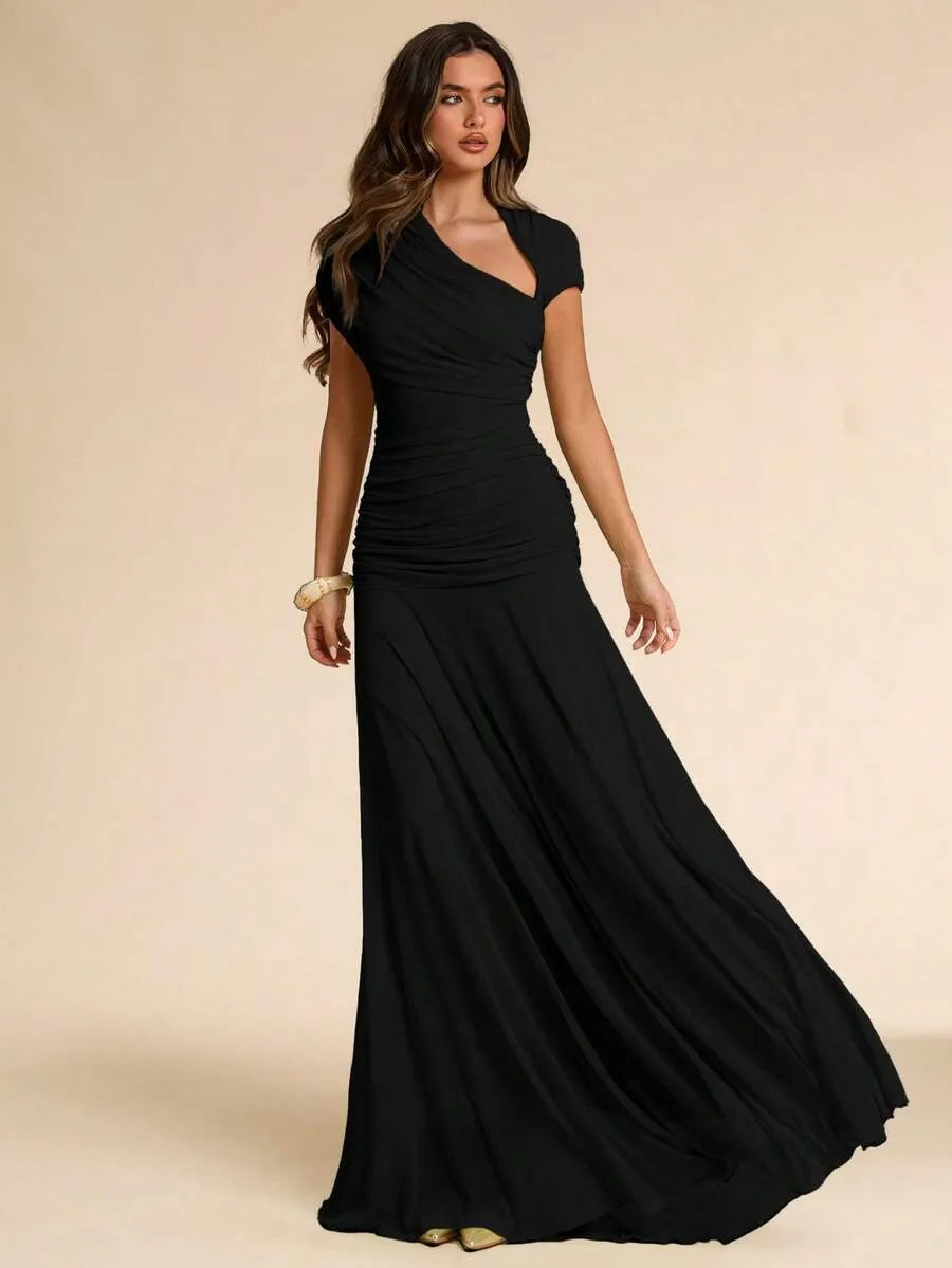 SHEIN BAE فستان صيفي غير متماثل مطوي ضيق بلون أسود