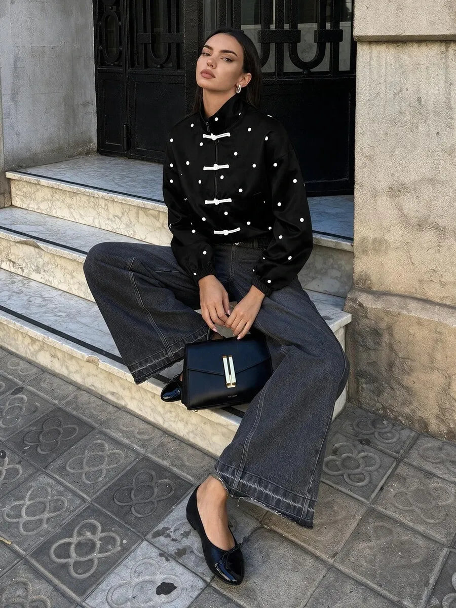 SHEIN Aloruh جاكيت نسائي فضفاض بطابع صيني وطباعة نقاط