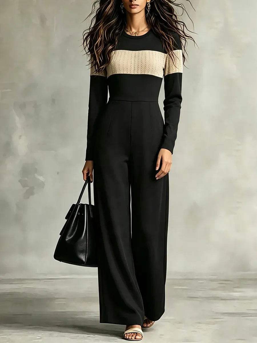 SHEIN جمبسوت نسائي بياقة دائرية وأكمام طويلة وساق واسعة بتصميم متباين بلون الأسود
