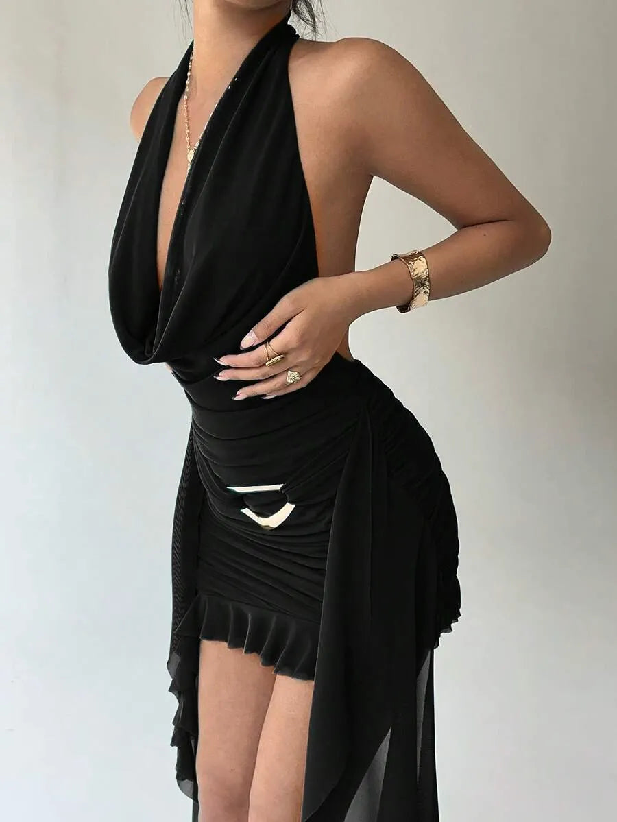 SHEIN Aloruh فستان ميني بلون أسود شبكي بظهر مكشوف وياقة رسن وقصة ضيقة