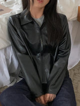 SHEIN DAZY جاكيت أسود من جلد صناعي سادة بسحاب كامل