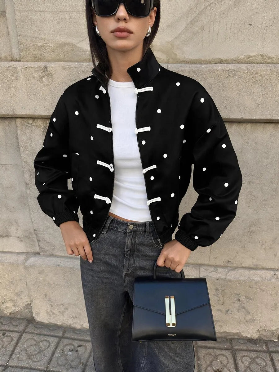SHEIN Aloruh جاكيت نسائي فضفاض بطابع صيني وطباعة نقاط