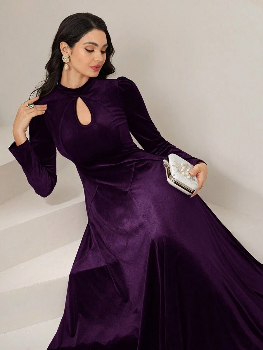 SHEIN Modelyn فستان سهرة طويل ارجواني بوردو بأكمام منتفخة