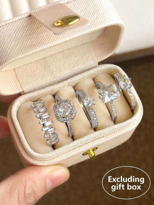 SHEIN مجموعة 5 خواتم بلون فضي مع زركونيا مكعبة